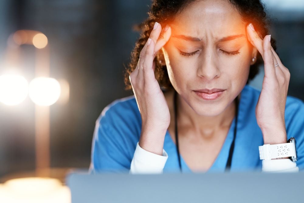 night-stress-headache-with-doctor-laptop-medical-stress-deadline-review-burnout-accountability-mental-health-with-black-woman-healthcare-medicine-science-research