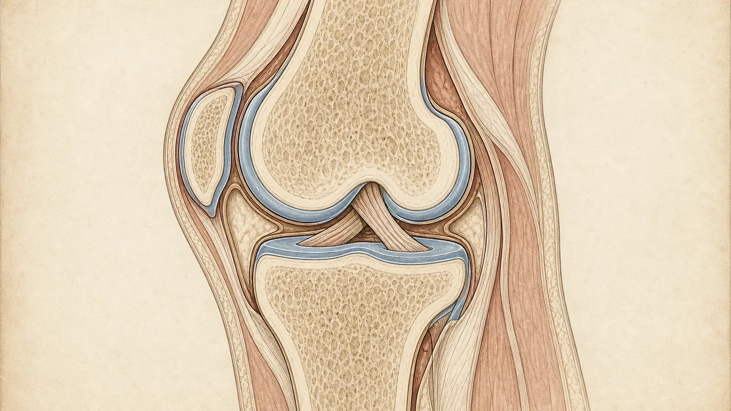 Atlas-style illustration of a knee joint in cross-section with its synovial lining