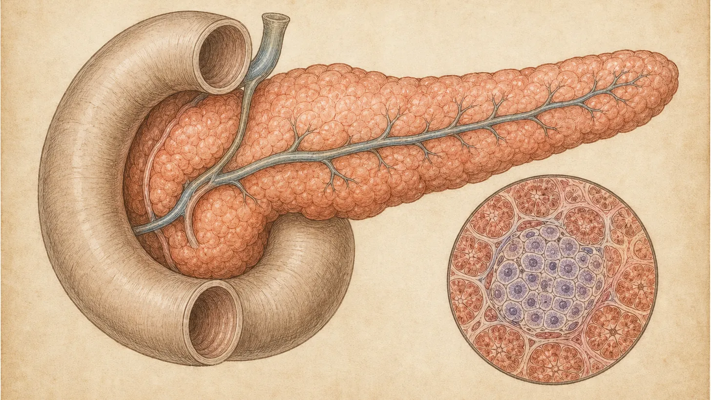 Atlas-style illustration of the pancreas and duodenum with an inset of islet cells