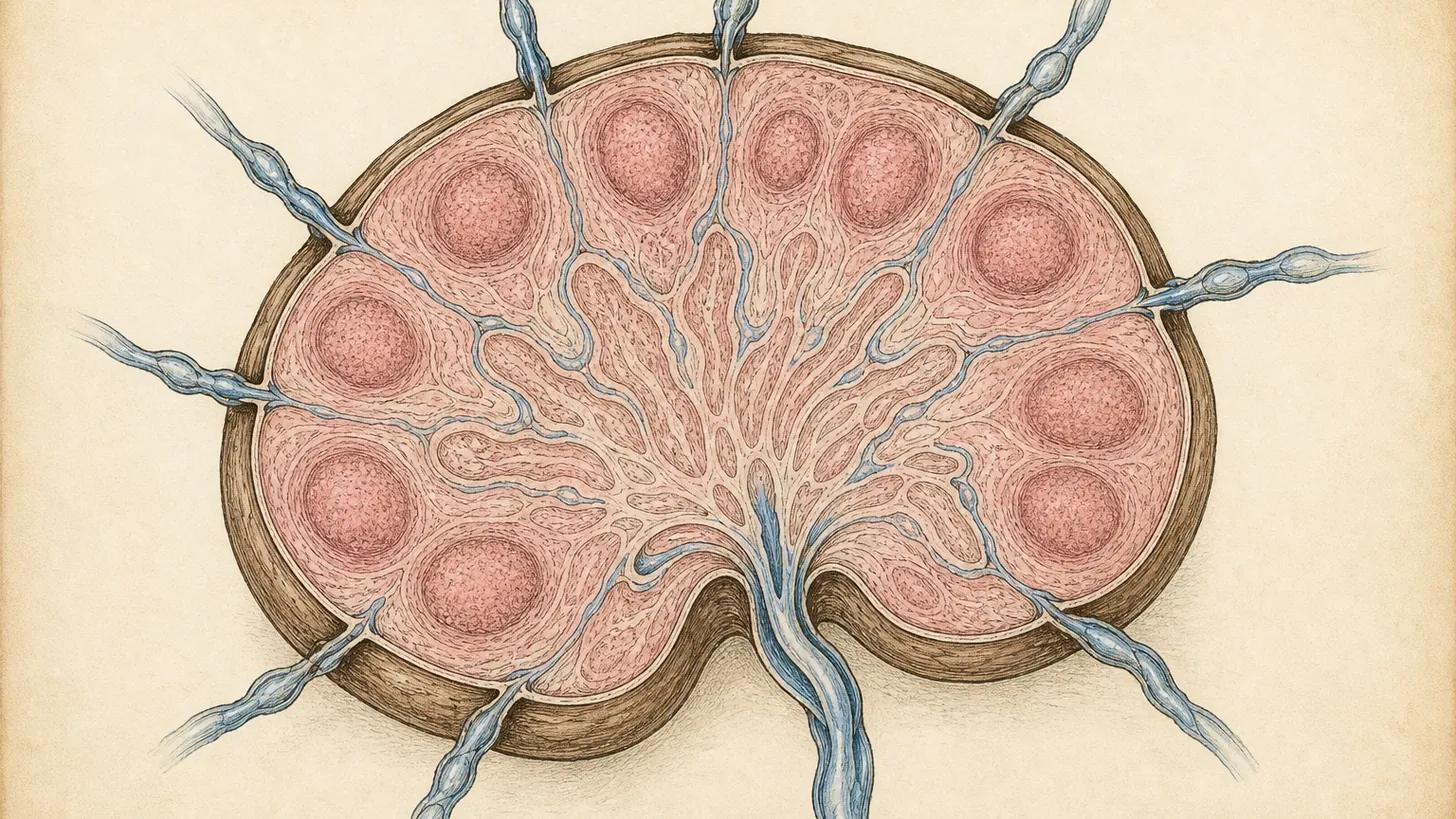Atlas-style illustration of a lymph node in cross-section with its lymphatic vessels