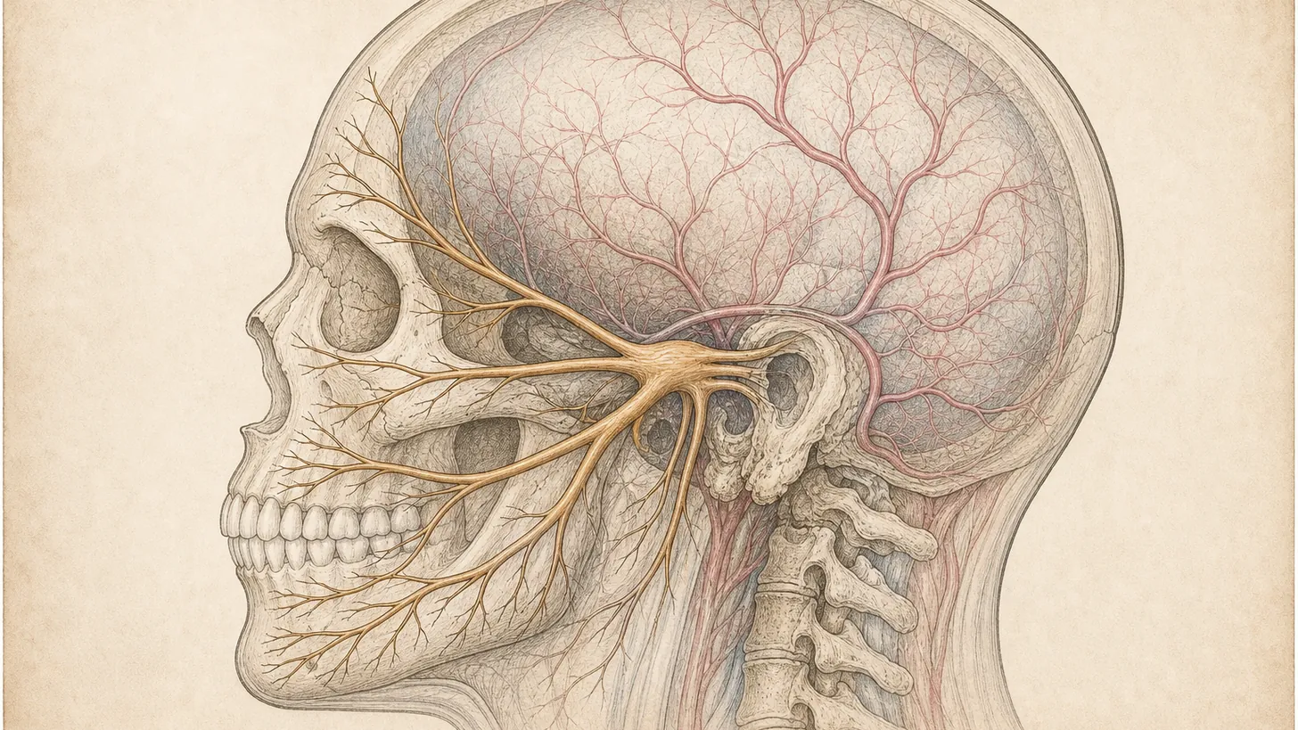 Atlas-style illustration of the trigeminal nerve and meningeal vessels beneath the skull, the pathway behind migraine pain