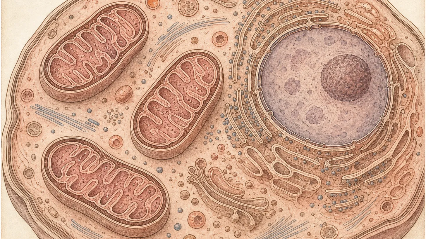 Atlas-style illustration of a cell with its mitochondria, the organelles NAD+ supports