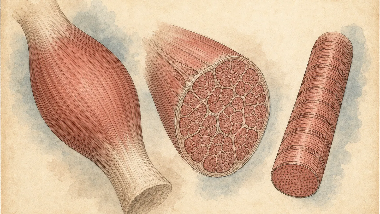 Atlas-style illustration of skeletal muscle at three magnifications, from whole muscle to a single fiber