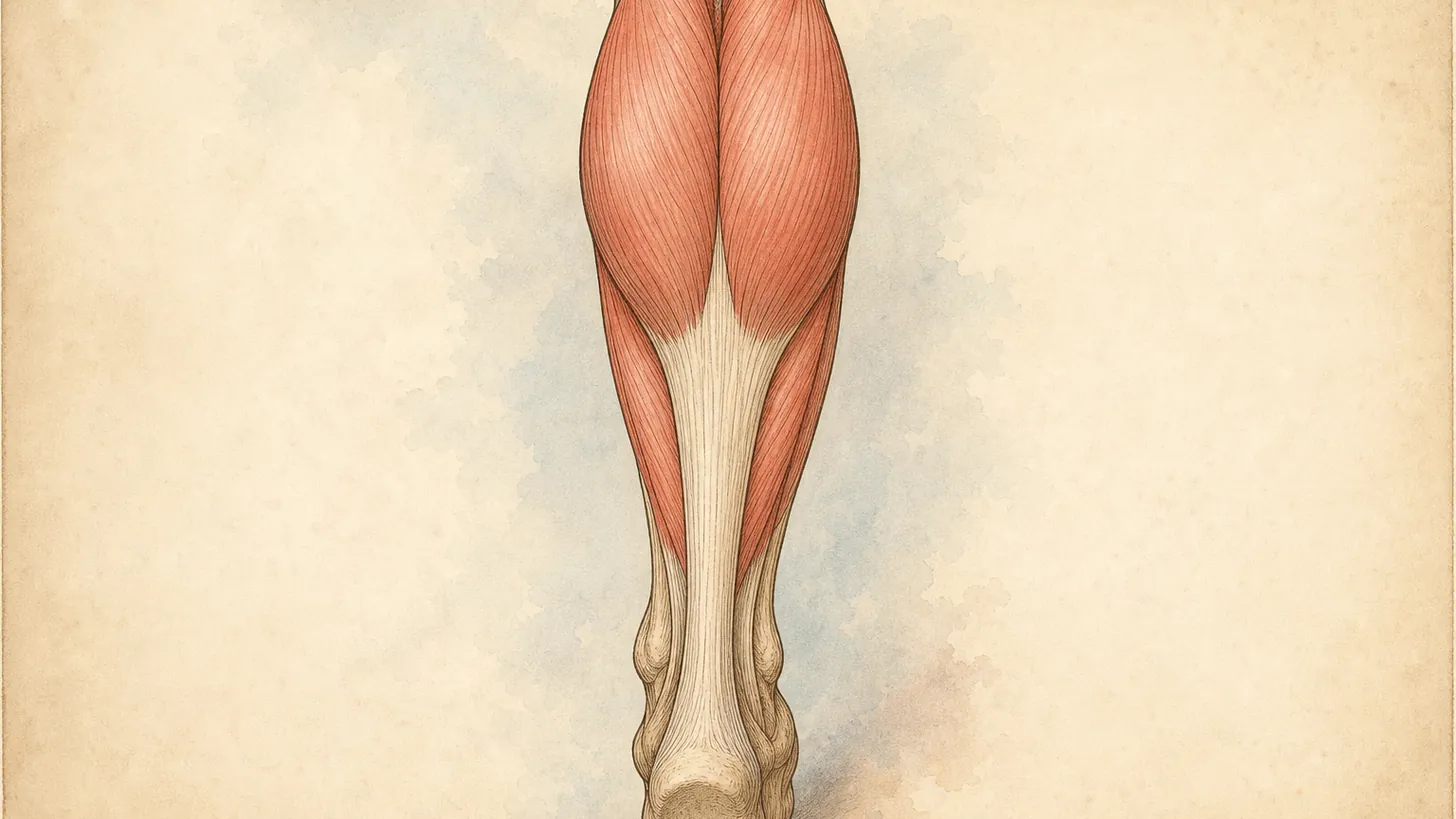 Atlas-style illustration of the calf muscles merging into the Achilles tendon