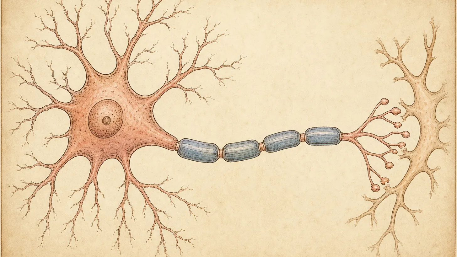 Atlas-style illustration of a neuron with a myelinated axon reaching a synapse