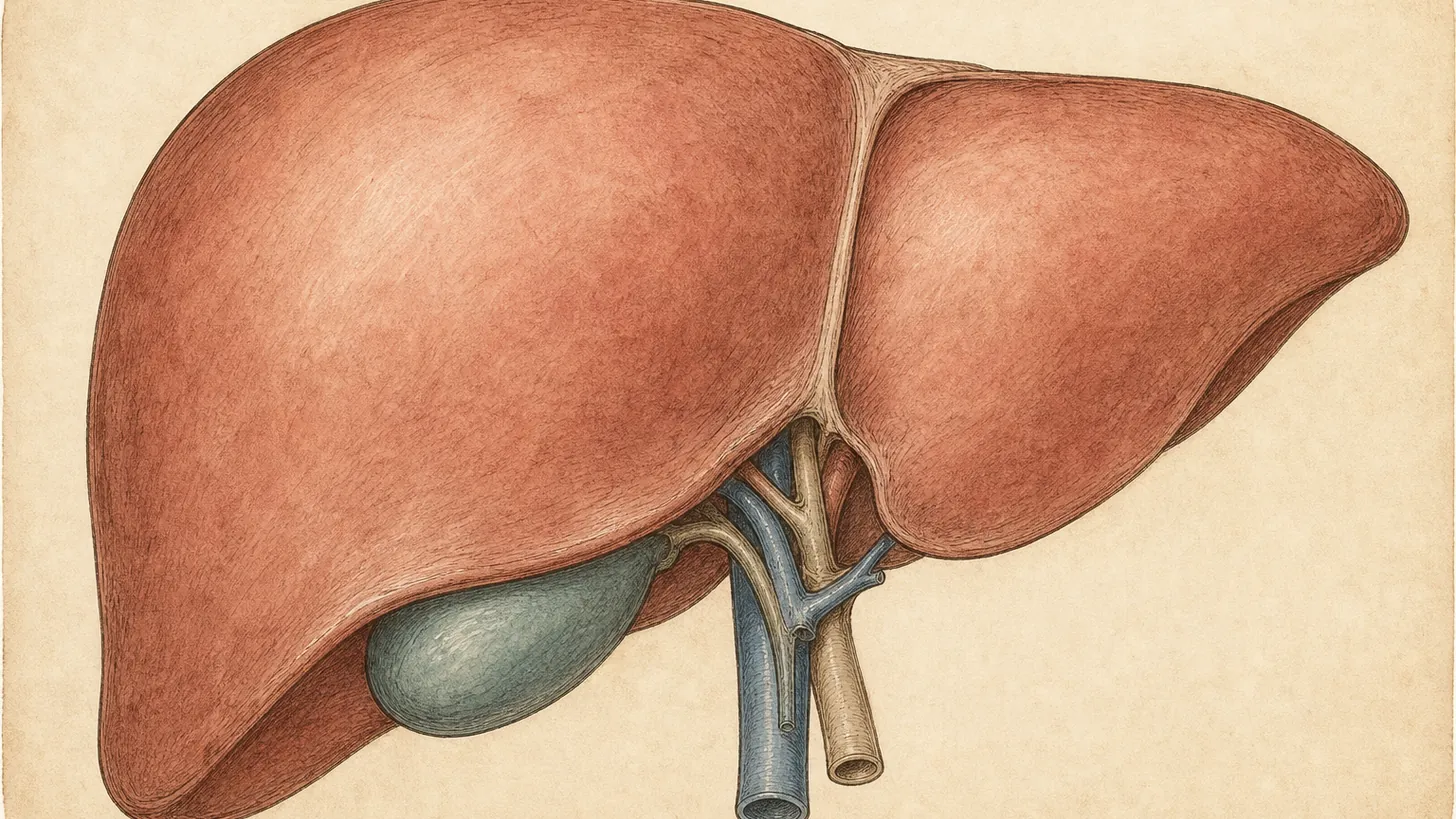 Atlas-style illustration of the liver, gallbladder and portal vessels