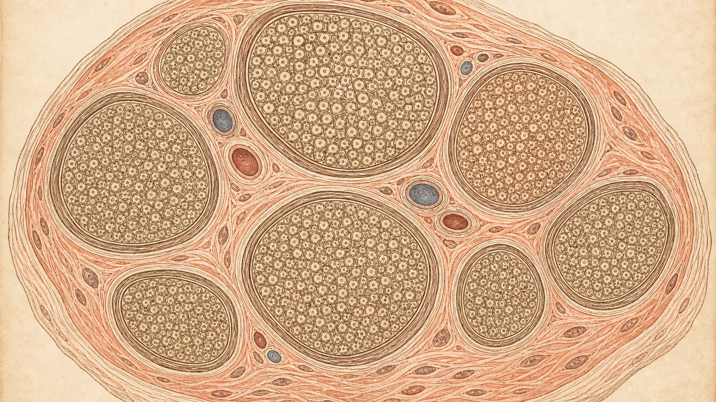Atlas-style illustration of a peripheral nerve in cross-section, the target of IV lidocaine