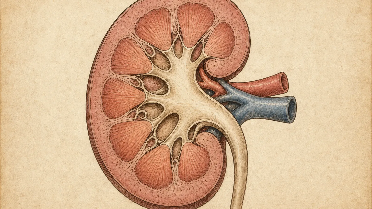 Atlas-style illustration of a kidney in coronal section with its vessels and ureter