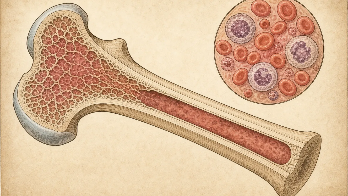 Atlas-style illustration of a long bone in section with red marrow and an inset of blood cells